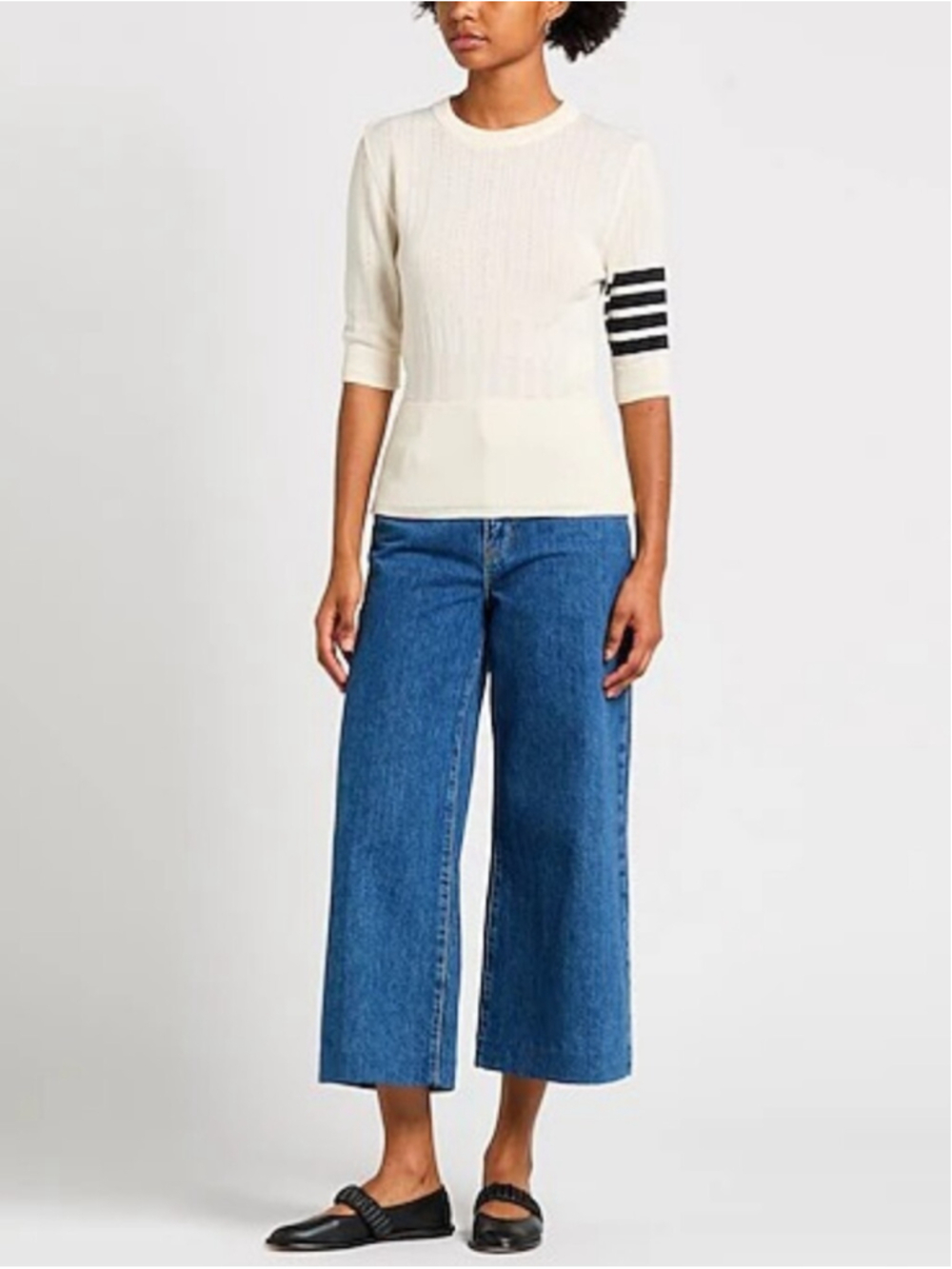Thom Browne Cream Short-Sleeve Knit with Black Sleeve Stripes - Picture 2 of 10